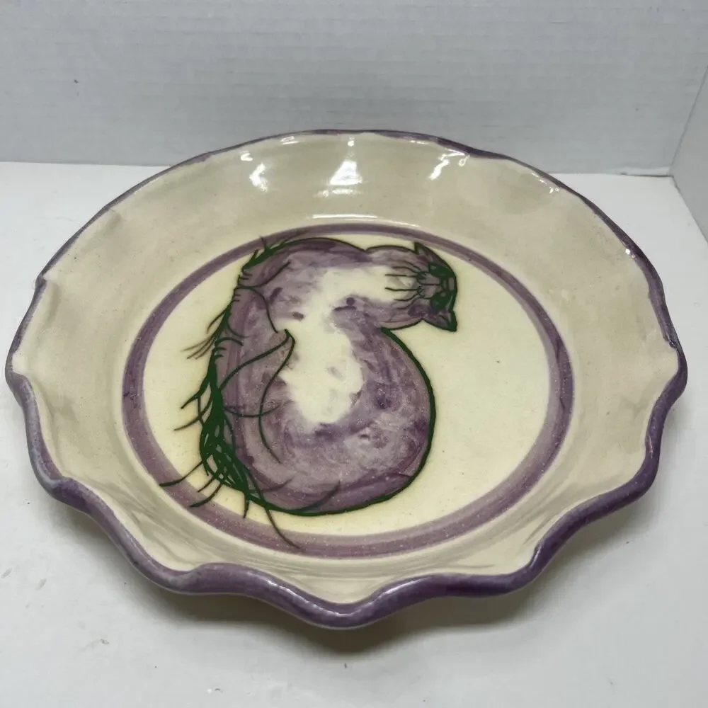 Art Pottery Pie Dish Purple Kitty Cat Ruffled Edge Signed Ceramic 10